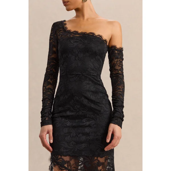 Orlania | Robe longue en dentelle noire à encolure asymétrique avec ourlet asymétrique