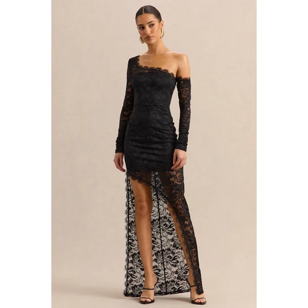 Orlania | Robe longue en dentelle noire à encolure asymétrique avec ourlet asymétrique