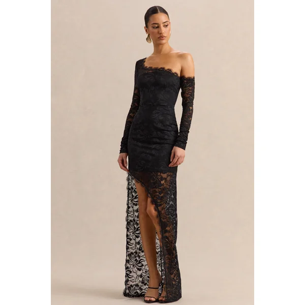 Orlania | Robe longue en dentelle noire à encolure asymétrique avec ourlet asymétrique