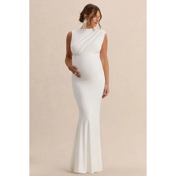 Osanna | Robe longue de maternité blanche à encolure large avec détails froncés