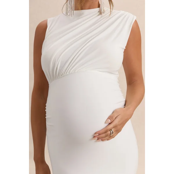 Osanna | Robe longue de maternité blanche à encolure large avec détails froncés