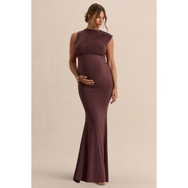 Osanna | Robe longue de maternité marron foncé à encolure large avec détails froncés