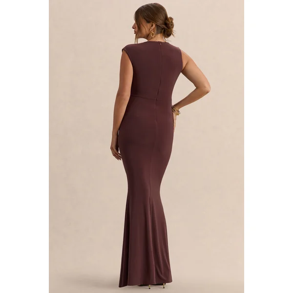 Osanna | Robe longue de maternité marron foncé à encolure large avec détails froncés