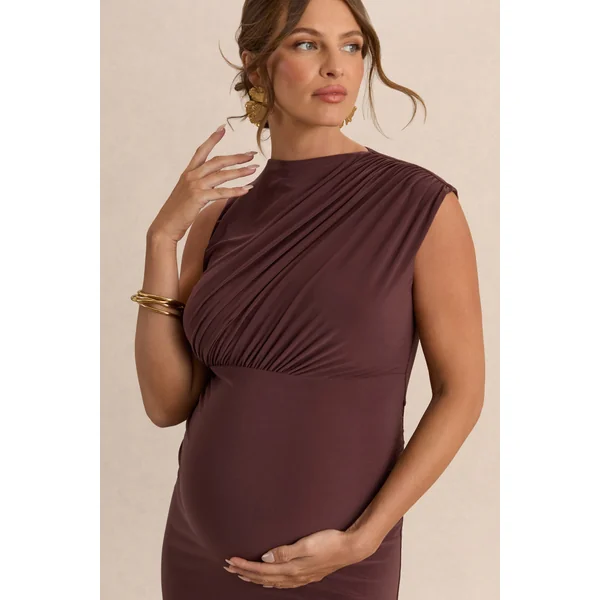 Osanna | Robe longue de maternité marron foncé à encolure large avec détails froncés