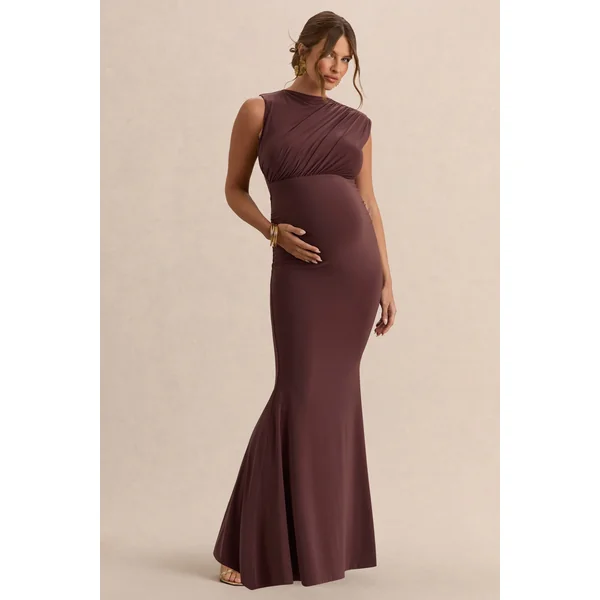 Osanna | Robe longue de maternité marron foncé à encolure large avec détails froncés