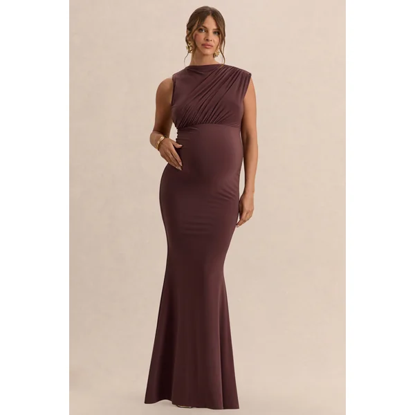 Osanna | Robe longue de maternité marron foncé à encolure large avec détails froncés