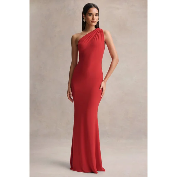 Ottilie | Robe longue rouge à encolure asymétrique