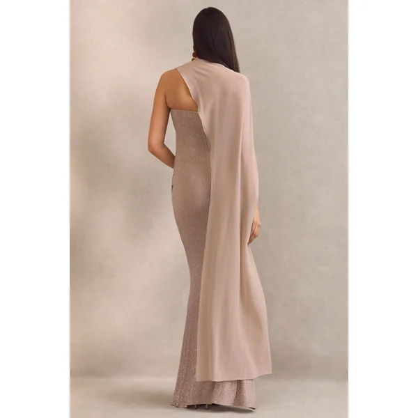 Ottoline | Robe longue de maternité en strass champagne à décolleté asymétrique avec manche cape transparente