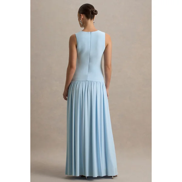 Outline | Robe Longue De Maternité Bleu Poudré à Col Haut avec Jupe Drapée