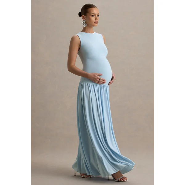 Outline | Robe Longue De Maternité Bleu Poudré à Col Haut avec Jupe Drapée
