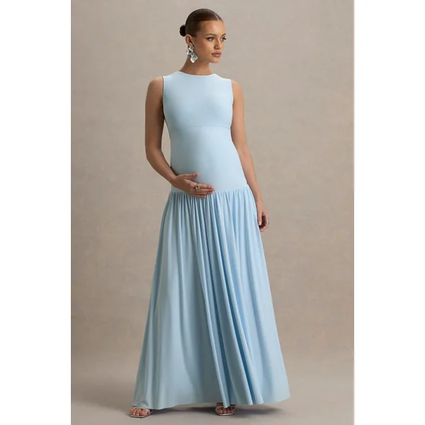 Outline | Robe Longue De Maternité Bleu Poudré à Col Haut avec Jupe Drapée