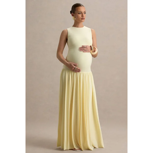 Outline | Robe longue de maternité citron à col rond avec jupe plissée