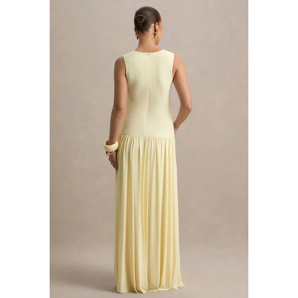 Outline | Robe longue de maternité citron à col rond avec jupe plissée