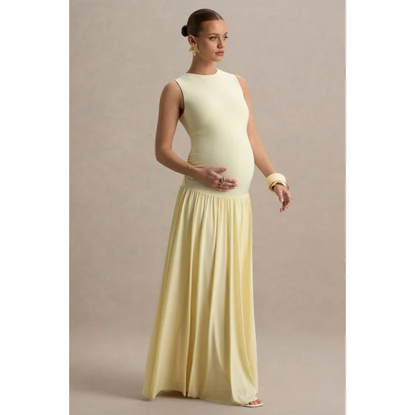 Outline | Robe longue de maternité citron à col rond avec jupe plissée