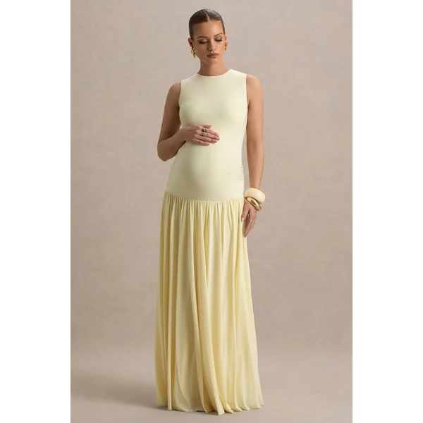Outline | Robe longue de maternité citron à col rond avec jupe plissée