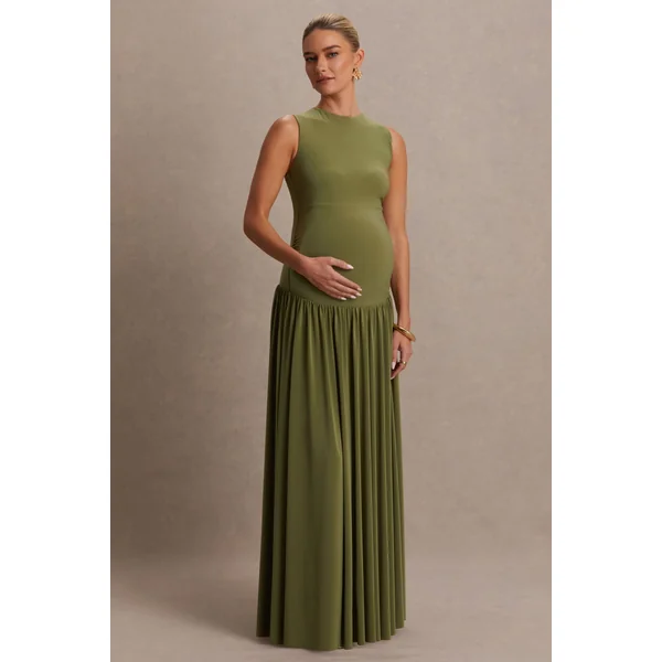 Outline | Robe longue de maternité olive à col ras du cou et jupe drapée