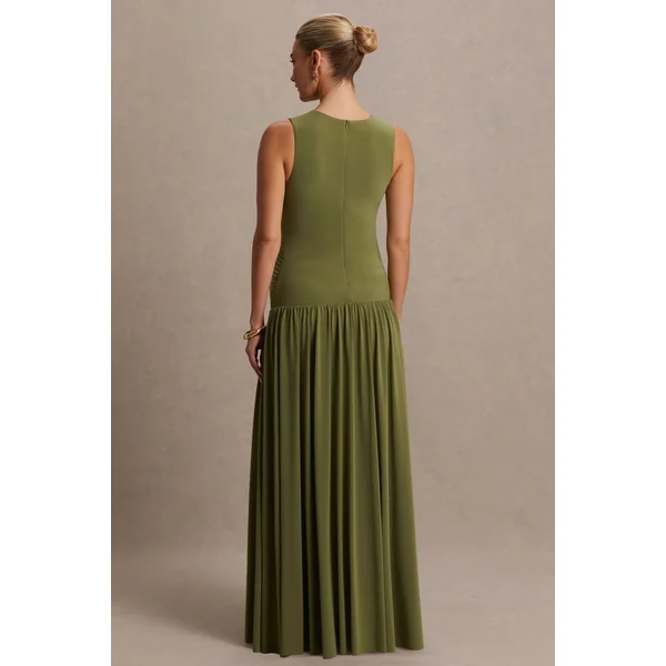Outline | Robe longue de maternité olive à col ras du cou et jupe drapée