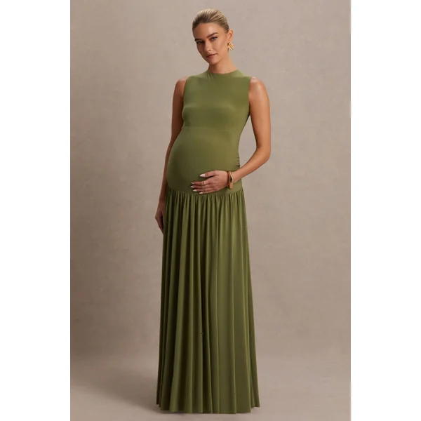 Outline | Robe longue de maternité olive à col ras du cou et jupe drapée