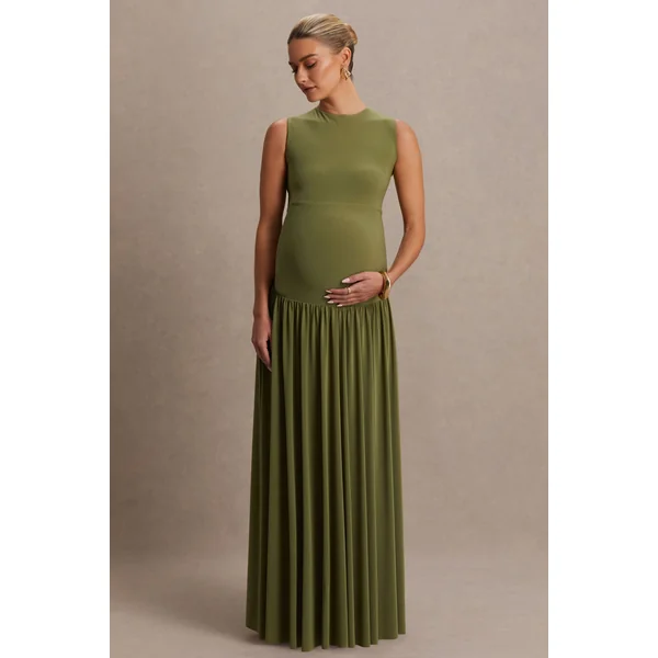 Outline | Robe longue de maternité olive à col ras du cou et jupe drapée