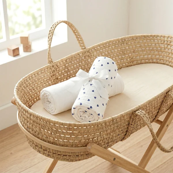 Pack of 2 oval moses basket fitted sheets in cotton gauze, Lovio
