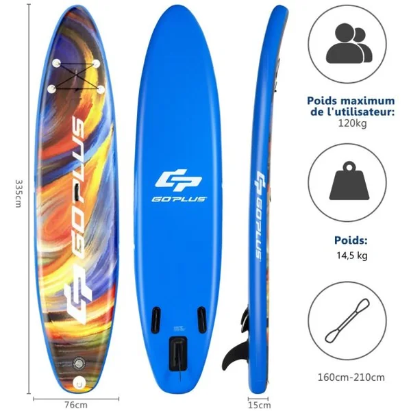 Paddle Gonflable 320x76x15CM en PVC avec Pagaie Alliage Aluminium Réglable Aileron Amovible Pompe Manuel 120KG MAX Bleu