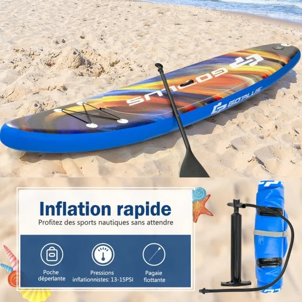 Paddle Gonflable 320x76x15CM en PVC avec Pagaie Alliage Aluminium Réglable Aileron Amovible Pompe Manuel 120KG MAX Bleu