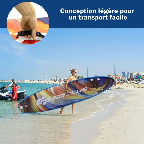 Paddle Gonflable 320x76x15CM en PVC avec Pagaie Alliage Aluminium Réglable Aileron Amovible Pompe Manuel 120KG MAX Bleu