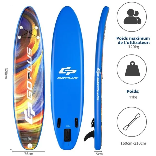 Paddle Gonflable 320x76x15CM en PVC avec Pagaie Alliage Aluminium Réglable Aileron Amovible Pompe Manuel 120KG MAX Bleu