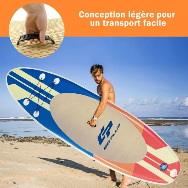 Paddle Gonflable 320x76x15CM en PVC avec Pagaie Alliage Aluminium Réglable Aileron Amovible Pompe Manuel 120KG MAX Marron