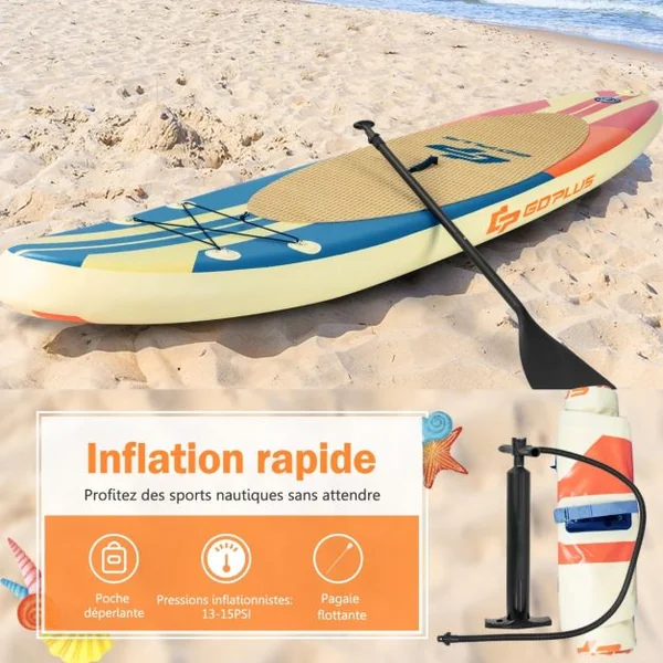 Paddle Gonflable 320x76x15CM en PVC avec Pagaie Alliage Aluminium Réglable Aileron Amovible Pompe Manuel 120KG MAX Marron