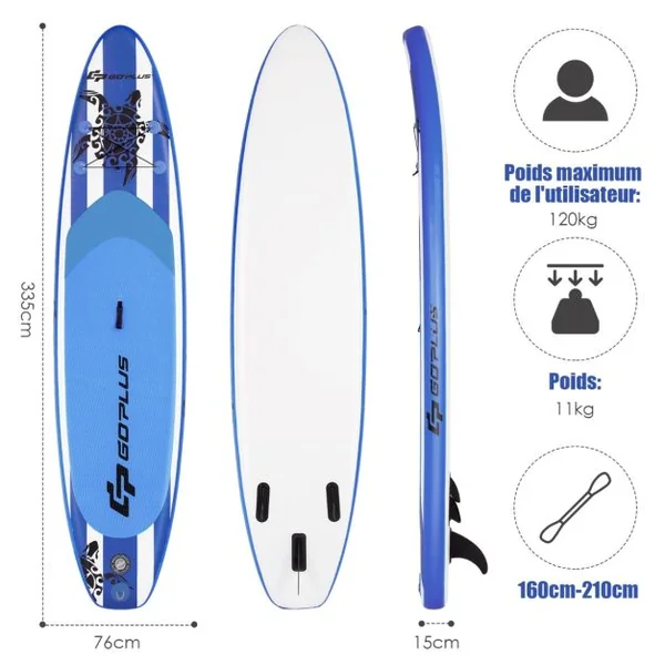 Paddle Gonflable 335x76x15CM en PVC avec Pagaie Alliage Aluminium Réglable Aileron Amovible Pompe Manuel 120KG MAX Bleu+Blanc