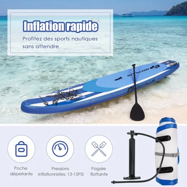 Paddle Gonflable 335x76x15CM en PVC avec Pagaie Alliage Aluminium Réglable Aileron Amovible Pompe Manuel 120KG MAX Bleu+Blanc