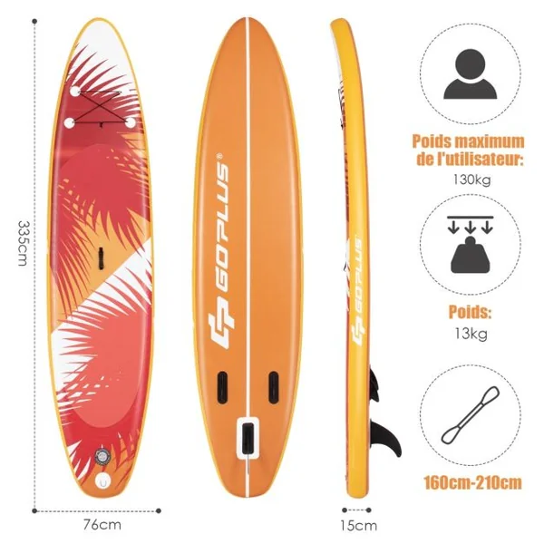 Paddle Gonflable 335x76x15CM en PVC avec Pagaie Alliage Aluminium Réglable Aileron Amovible Pompe Manuel 130KG MAX Orange
