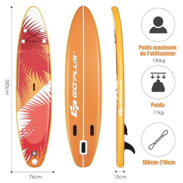 Paddle Gonflable 335x76x15CM en PVC avec Pagaie Alliage Aluminium Réglable Aileron Amovible Pompe Manuel 130KG MAX Orange