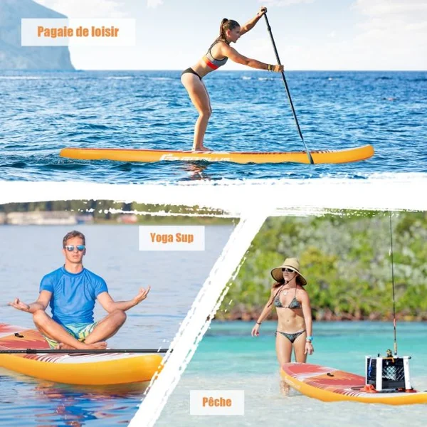 Paddle Gonflable 335x76x15CM en PVC avec Pagaie Alliage Aluminium Réglable Aileron Amovible Pompe Manuel 130KG MAX Orange