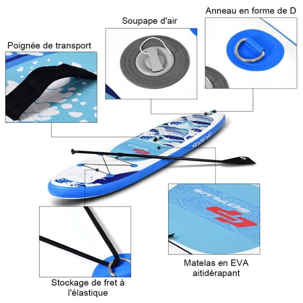 Paddle gonflable Paddle de surf gonflable pour adulte et débutant, avec pompe et aviron, sac à dos, 335x76x15cm, Bleu