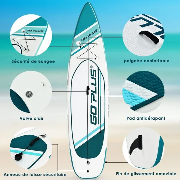 Paddle Gonflable pour Adulte avec Pagaie Ajustable et Accessoires Capacité 113 kg en PVC, 305x76x15cm, Blanc et Vert