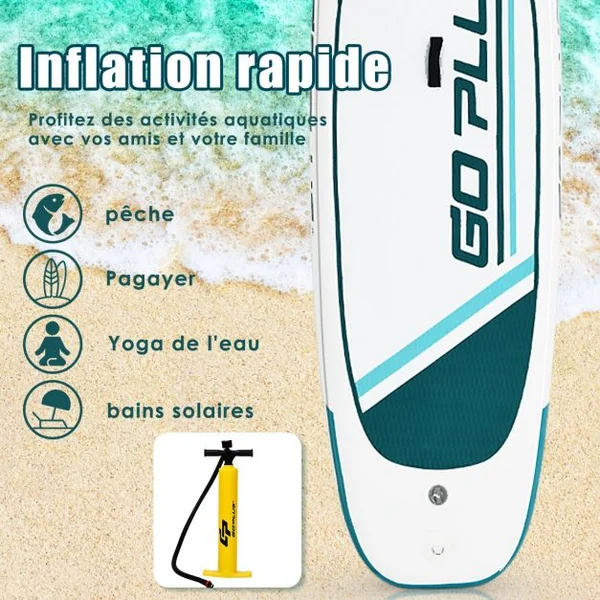 Paddle Gonflable pour Adulte avec Pagaie Ajustable et Accessoires Capacité 113 kg en PVC, 305x76x15cm, Blanc et Vert