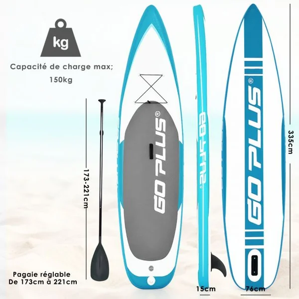Paddle Gonflable pour Adulte avec Pagaie Ajustable et Accessoires Capacité 150 kg, en PVC, 335x76x15cm, Blanc et Bleu