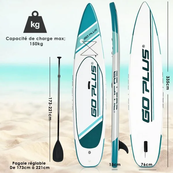Paddle Gonflable pour Adulte avec Pagaie Ajustable et Accessoires Capacité 150 kg, en PVC, 335x76x15cm, Blanc et Bleu