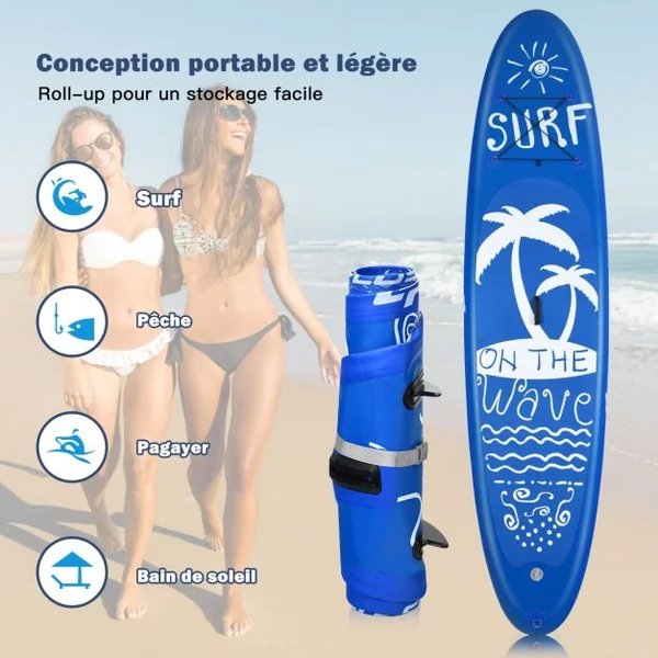Paddle Gonflable Stand Up Sac de Transport Pagaie Réglable Aileron Inférieur Pompe à Main Sup en PVC 335x76x15cm Bleu