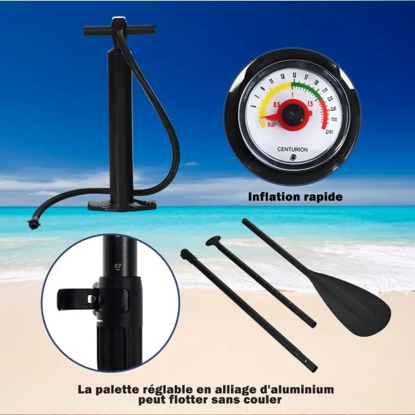 Paddle Gonflable Stand Up Sac de Transport Pagaie Réglable Aileron Inférieur Pompe à Main Sup en PVC 335x76x15cm Bleu