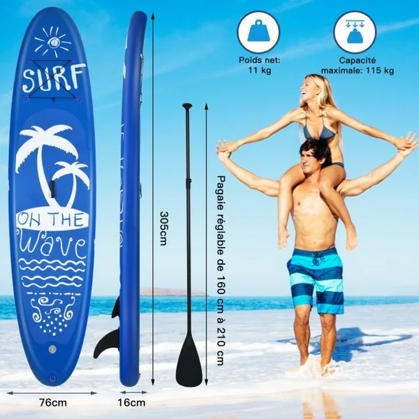Paddle Gonflable Stand Up Sac de Transport Pagaie Réglable Aileron Inférieur Pompe à Main Sup en PVC 335x76x15cm Bleu