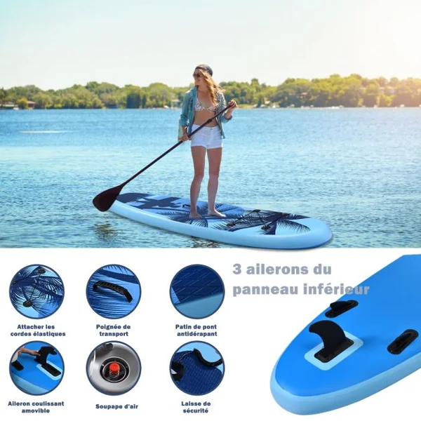 Paddle Stand Up Gonflable en PVC avec Sac de Transport Pagaie Réglable Accessoires 305x76x15 cm Bleu Clair