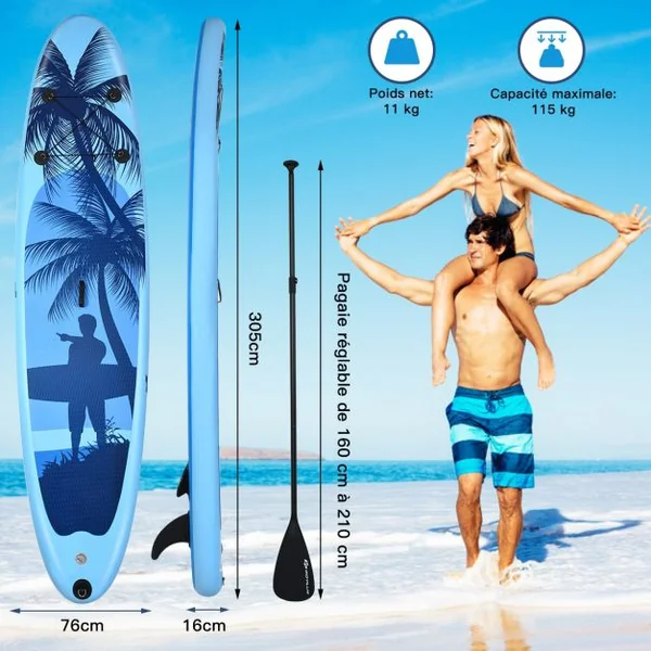 Paddle Stand Up Gonflable en PVC avec Sac de Transport Pagaie Réglable Accessoires 305x76x15 cm Bleu Clair