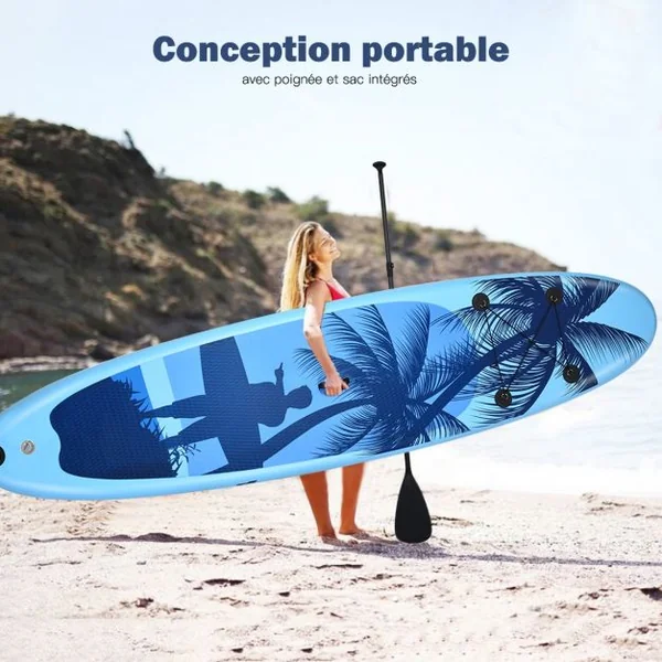 Paddle Stand Up Gonflable en PVC avec Sac de Transport Pagaie Réglable Accessoires 305x76x15 cm Bleu Clair