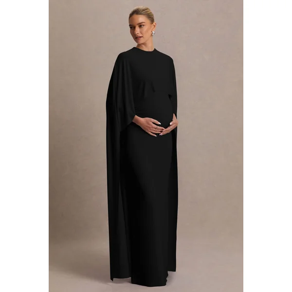 Padma | Robe de maternité noire drapée longue avec manches cape