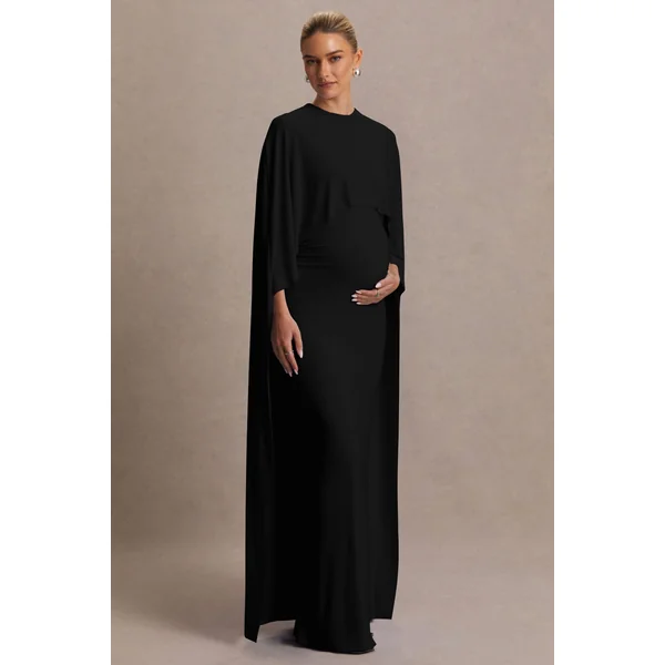 Padma | Robe de maternité noire drapée longue avec manches cape