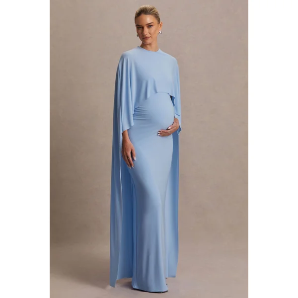 Padma | Robe longue de maternité bleu poudré drapée avec manches cape
