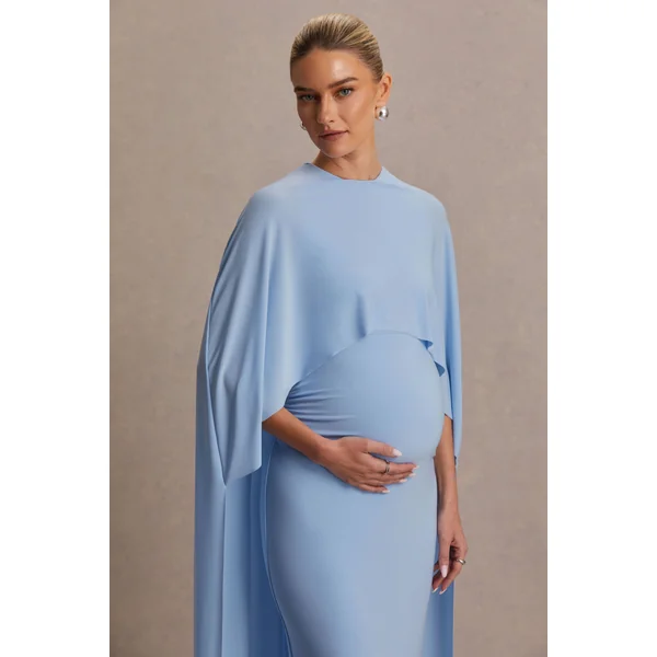 Padma | Robe longue de maternité bleu poudré drapée avec manches cape